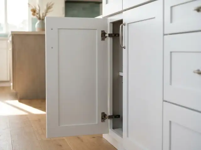 Illustration of a white kitchen cabinet door open on a soft-close hinge