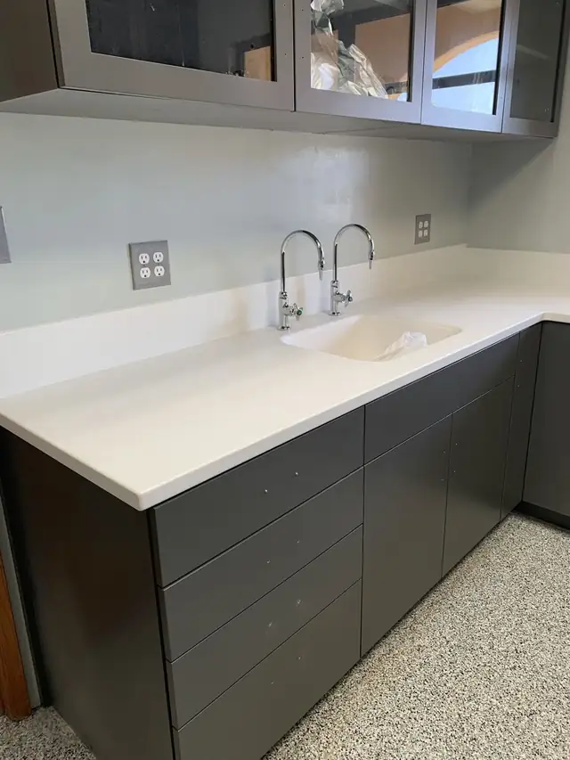 White chemical resistant countertop with an integrated sink and twin lab faucets over charcoal cabinets